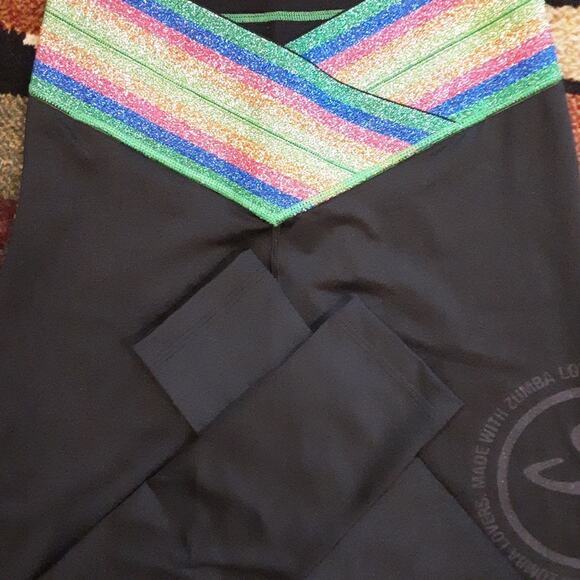 Zumba Wear Rainbow Sparkle Glitter Belted Workout Spellout Black Leggings M - Picture 13 of 13